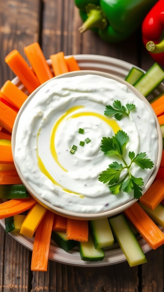 Creamy garlic yogurt dip with vegetable sticks on a rustic wooden table.